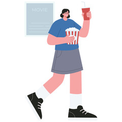 Cinema Illustration. Vector illustration of Girl carrying popcorn and soda in the lobby, heading to the movie hall for the show. Isolated on background
