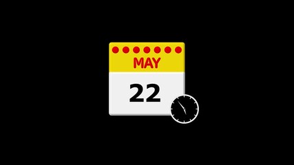 May 22nd Calendar Page with Clock Icon on Black Background date