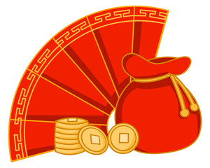 Chinese red fan with gold coin stack and fortune bag symbolizing wealth and prosperity.