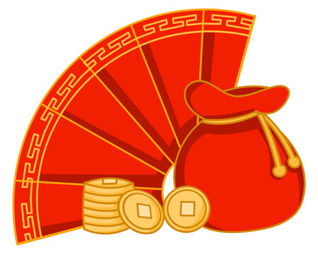 Chinese red fan with gold coin stack and fortune bag symbolizing wealth and prosperity.