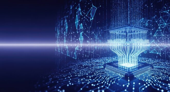 A futuristic circuit board with a central processor unit and intricate connections.