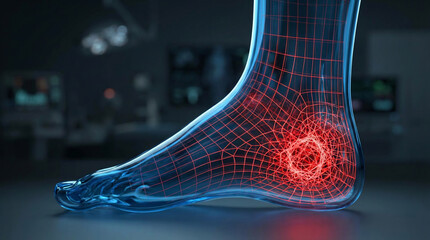 Foot Pain, a Detailed 3D Medical Illustration of Human Anatomy, Visualizing Ankle Inflammation in a Dark, Modern Diagnostic Setting
