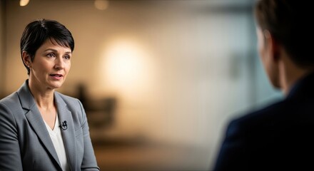 A woman in a gray blazer and white shirt is seated in an office setting, engaged in a conversation with a man in a dark suit and tie.