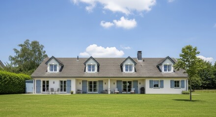 A large, white, two-story house with a green lawn and a blue roof, surrounded by trees and a clear blue sky.