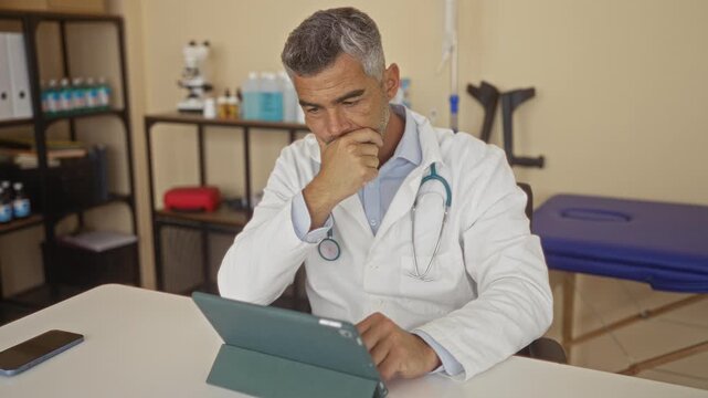 Man doctor in white coat with stethoscope hand on chin using tablet in medical building; concern duty responsibility.