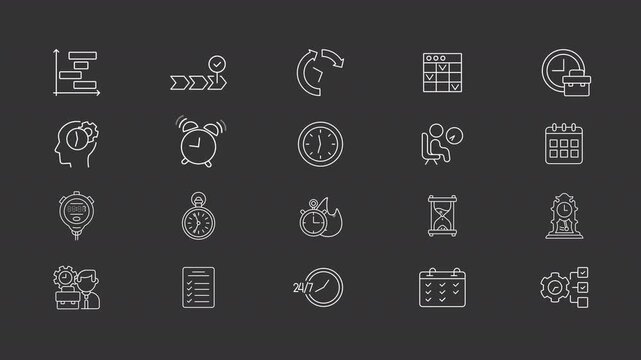 Time management animation set. Planning and controlling tasks methods animated white line icons. Productivity improvement strategy. Isolated elements on dark background. Alpha channel HD video