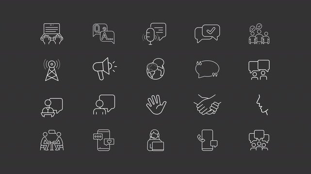 Communication animation set. Digital technology of interaction animated white line icons. Sharing information process. Connectivity. Isolated elements on dark background. Alpha channel HD video