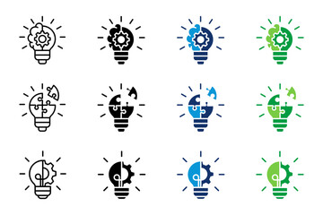 Creative idea with light bulb concept. Set of innovation vector illustration. Solving problem, puzzle, innovation. Business management icons with different style and color