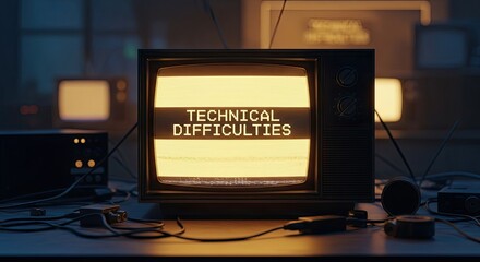 An old, black and white television set with a sign that reads 'Technical Difficulties' on its screen, surrounded by various electronic devices and cables.