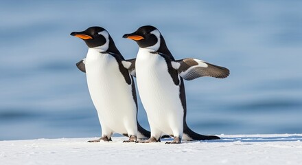 Obraz premium Two penguins standing on a snowy surface with their wings spread.