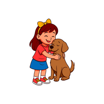Illustration of a girl loving her pet dog