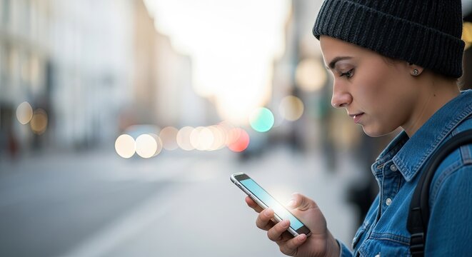 A young woman wearing a beanie and denim jacket, using a smartphone on a city street with blurred lights in the background.