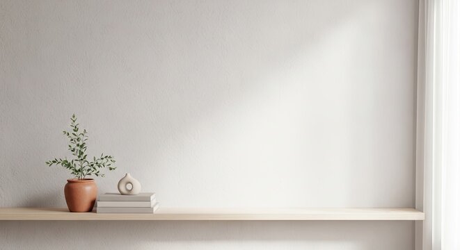 A minimalist white wall with a wooden shelf holding a potted plant and a stack of books.