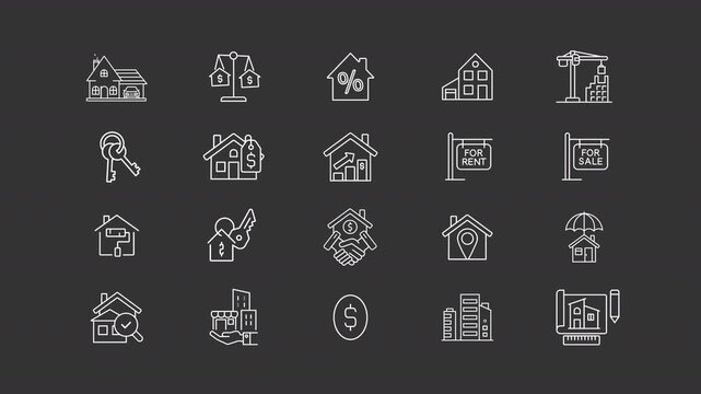 Real estate animation set. Selling, buying and renting apartments animated white line icons. Buildings and lands management. Property. Isolated elements on dark background. Alpha channel HD video