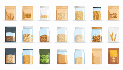 Assortment of grains, seeds, and legumes in jars and pouches for a healthy lifestyle, offering diverse options for cooking and nutrition planning