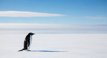 Fototapeta premium A lone Adelie penguin stands on a snow-covered landscape with a clear blue sky in the background.