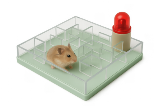 Hamster navigating complex maze towards alert light, transparent background