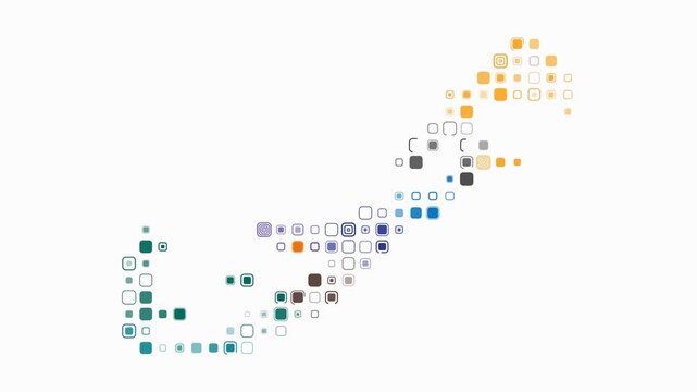 Bermuda map animation. Shape of the country with pulsating colored dots. Large size rounded square blocks. Digital style Bermuda map on white background. Trending video.