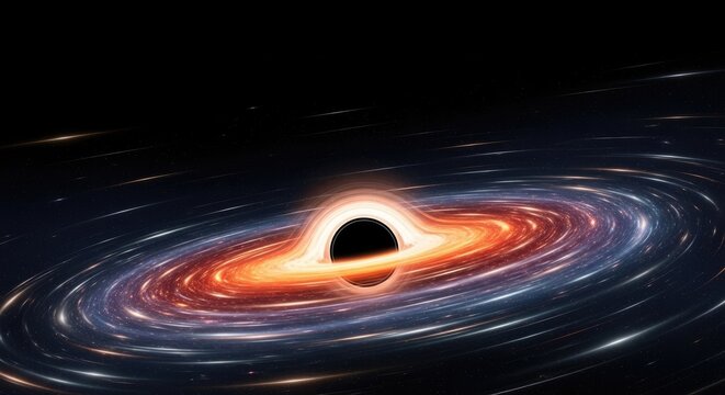A black hole in space with a glowing ring of light around it.