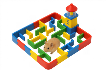 Hamster exploring colorful maze puzzle with lighthouse