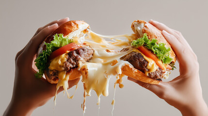 Hands pulling apart a cheeseburger with stretchy melted cheese