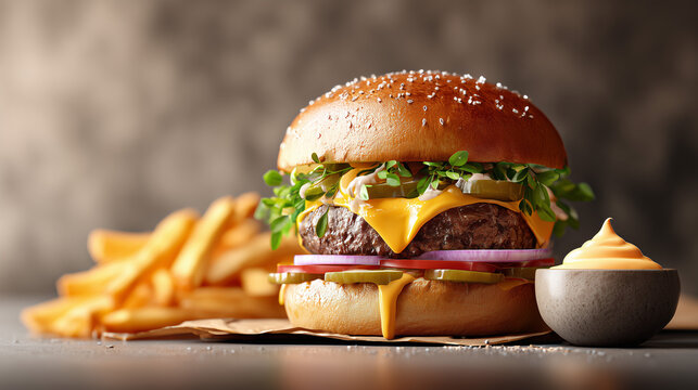 Closeup cheeseburger with melted cheese sprouts onions pickles fries