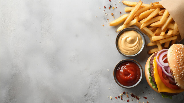 Cheeseburger with sesame bun fries ketchup mustard on gray surface copy space - Powered by Adobe