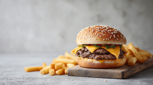 Sesame cheeseburger with beef patty and fries on wooden board