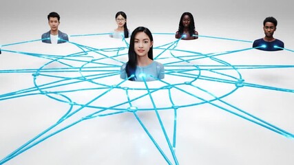 Diverse individuals connected by a network of lines, symbolizing communication, collaboration, and the interconnectedness of people in a digital age - Powered by Adobe