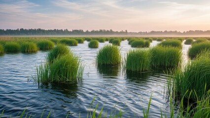 Grassy wetland islands emerging from rippling water at sunrise, creating a serene marsh landscape.