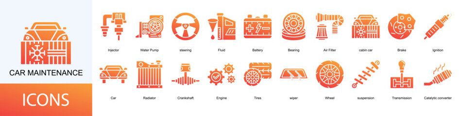 Car Maintenance icon collection set. Containing Injector, Water Pump, steering, Fluid, Battery, Bearing icon