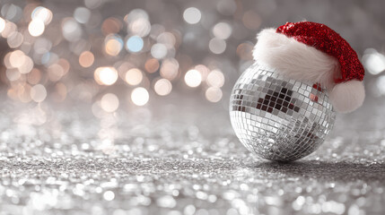 Silver disco ball, red Santa hat, glitter background, bokeh light, holiday decor, festive sparkle, merry vibe