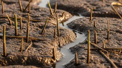 Close-up of young seagrass shoots emerging from wet coastal mud at low tide, forming a textured ecological pattern.