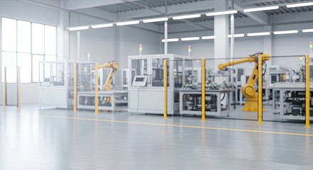 A robotic arm in a factory setting, surrounded by industrial machinery and equipment.