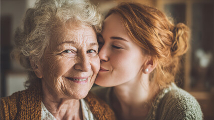 Elderly woman granddaughter family affection hug smile tender moment warm light. Cozy home scene captures loving cheek kiss