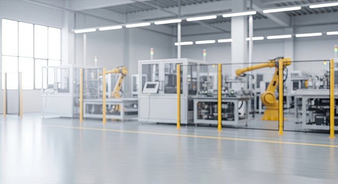 A robotic arm in a factory setting, surrounded by industrial machinery and equipment.