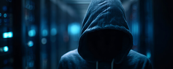 Hacker cybercrime hood hoodie silhouette dark anonymous corridor blue threat hooded silhouette dark corridor evokes anonymous