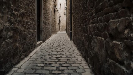 Obraz premium A narrow cobblestone alleyway framed by aged stone walls, leading towards a distant light