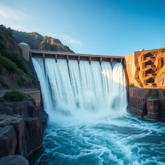 Hydroelectric dam with water flowing through, a force of clean energy production,  technology,  clean