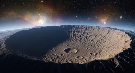 A vast, expansive lunar crater with a dark, rugged surface, surrounded by a starry, cosmic backdrop.