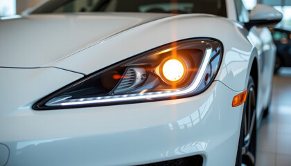 Fototapeta premium Modern luxury white sport car headlight closeup sleek automotive design LED light glossy body