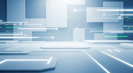 A futuristic, technological environment with glowing lines and geometric shapes.