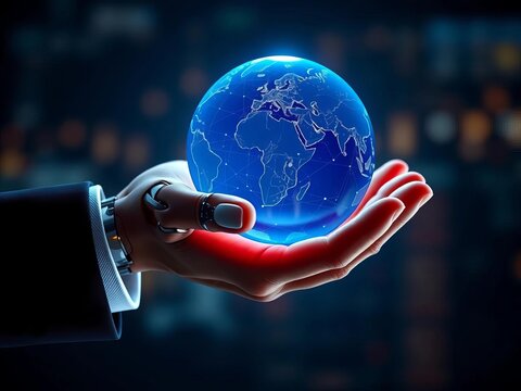 Human hand in suit sleeve grasps robotic palm holding glowing blue globe with networked world map, evolution, data