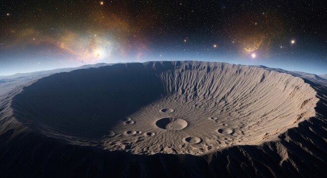 A vast, expansive lunar crater with a dark, rugged surface, surrounded by a starry, cosmic backdrop.