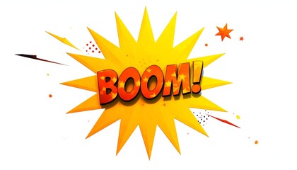 Comic-style explosion graphic with a "BOOM!" text. Yellow, orange, and red colors
