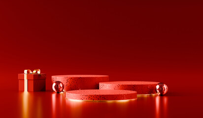 Three empty round red glitter podiums with christmas ornaments and matching gift box. 3D rendering