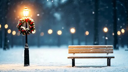 Peaceful winter night: snowy park bench with festive lantern glow - Powered by Adobe