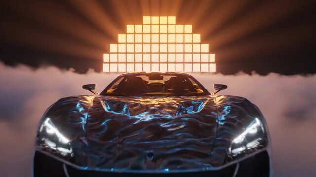 A futuristic car concept design with a digital pixelated light, symbolizing technological advancement and modern automotive innovation