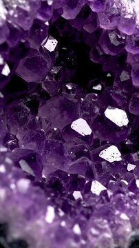 Macro pan across sparkling purple amethyst geode crystals.