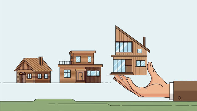 A human hand holding a modern house, with two smaller houses in the background, illustrating real estate options and property selection.